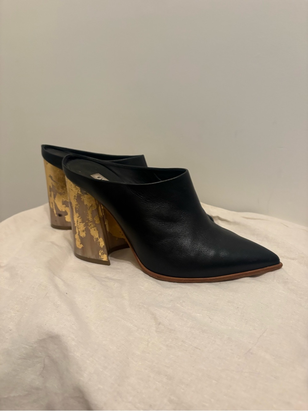 Eugenia Kim Black Leather Pointed Mule with Gold Leaf Block Heel
